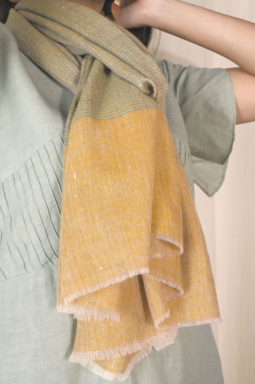 Green & Mustard Pashmina Stole | Agersia Handwoven Pashmina Stole - Green & Mustard