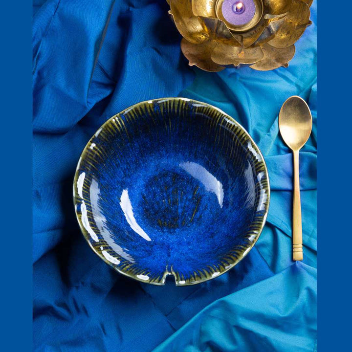 Ceramic Serving Bowl in Blue Lotus Design | Handmade Ceramic Medium Serving Bowl - Blue Lotus