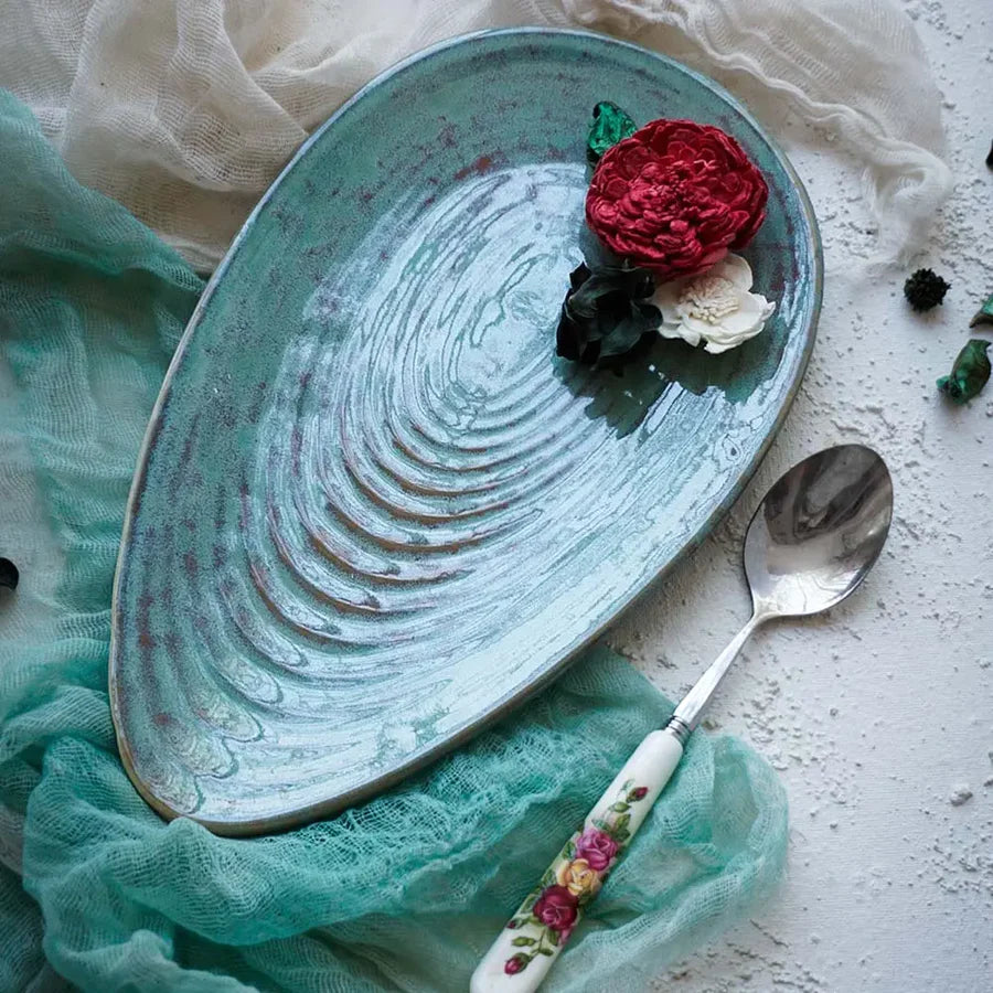 Green Oval Ceramic Serving Platter | Handmade Ceramic Oval Serving Platter - Mud Green