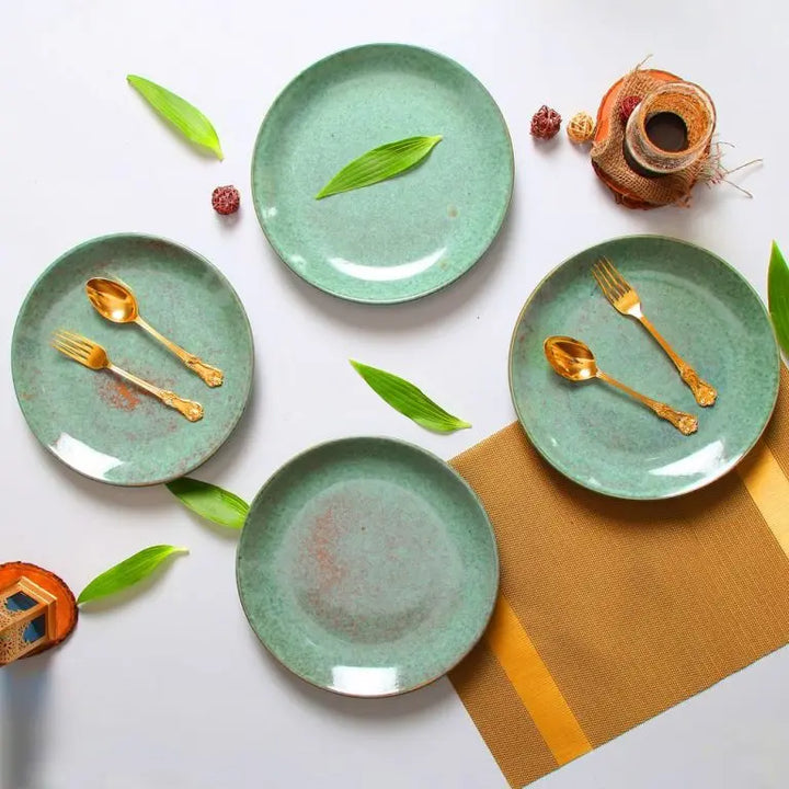 Handmade Ceramic Quarter Plate Set | Handmade Ceramic Quarter Dinner Plate Set - Mud Green