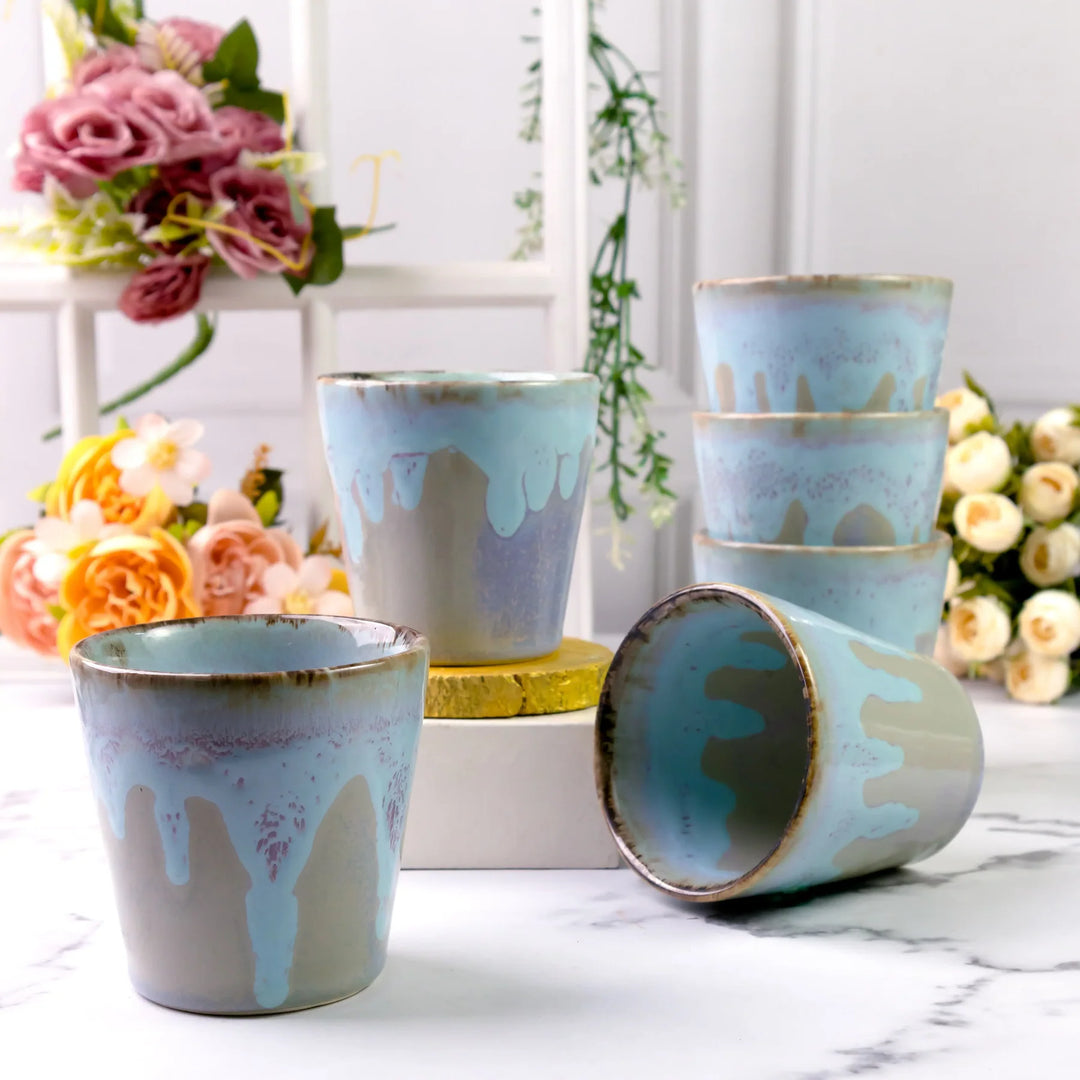 Ceramic Shot Glass Set - Set of 6, Blue Color | Premium Ceramic Shot Glass Set of 6 - Pastel Blue