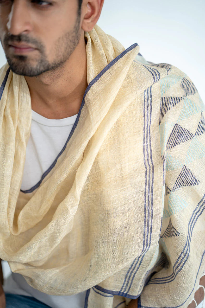 Cream Handwoven Linen Stole with Geometric Shapes, 55cm x 170cm | Eva Handwoven Linen Stole - Cream