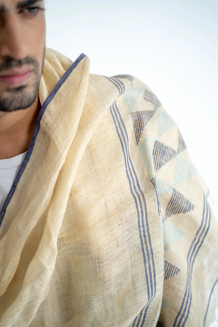 Cream Handwoven Linen Stole with Geometric Shapes, 55cm x 170cm | Eva Handwoven Linen Stole - Cream