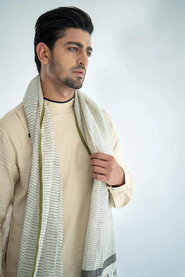 Handwoven Linen Stole with Embroidered Borders | Vedere Handwoven Linen Stole - White & Green