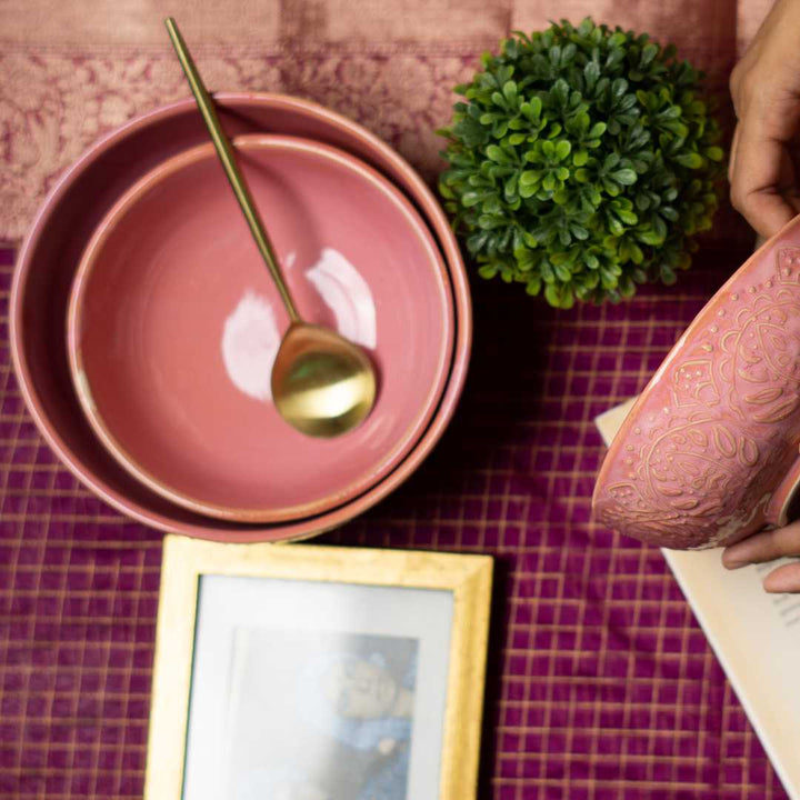 Ceramic Pink Serving Bowl Set - 700ml | Handmade Ceramic Serving Bowl Set - Pink