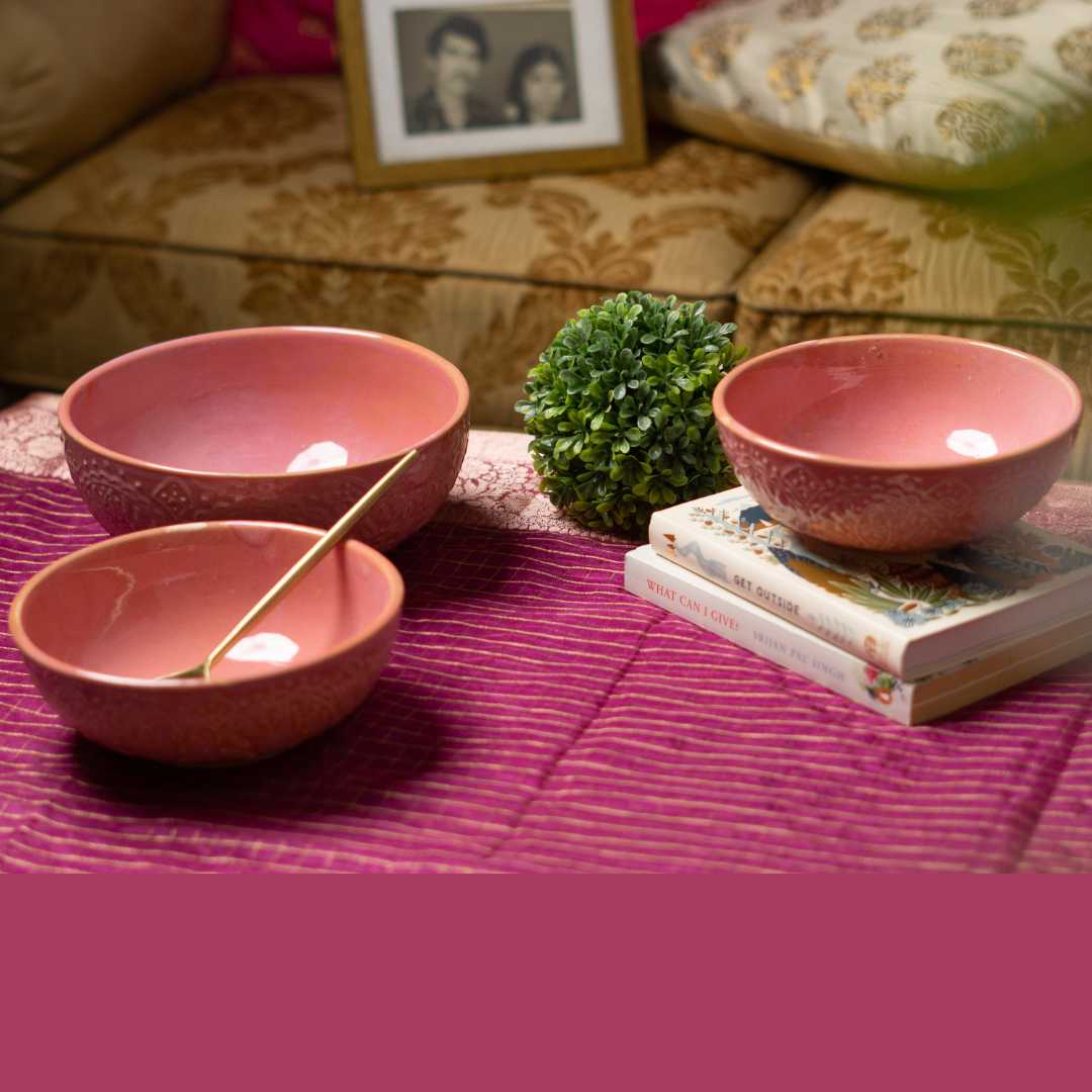 Handmade Pink Ceramic Serving Bowl Set | Handmade Ceramic Large Serving Bowl Set - Pink