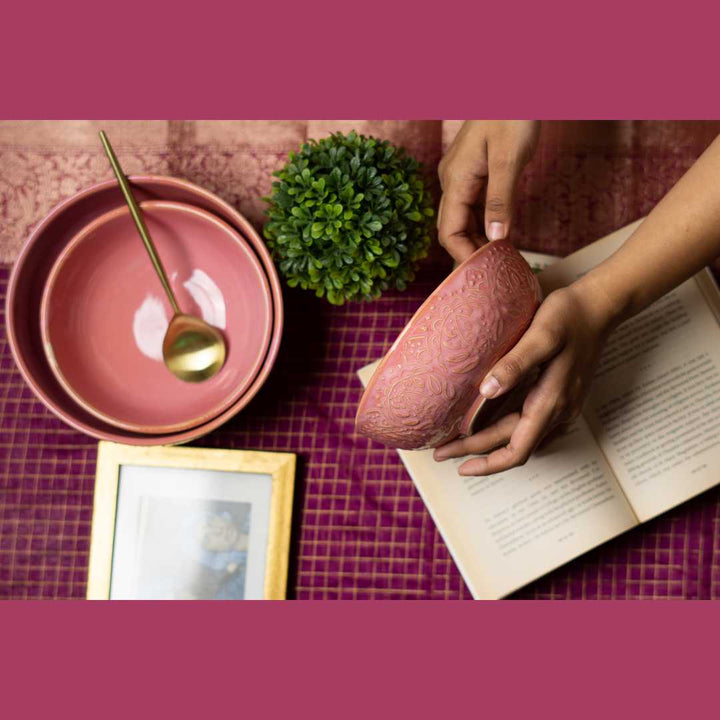 Handmade Pink Ceramic Serving Bowl Set | Handmade Ceramic Large Serving Bowl Set - Pink