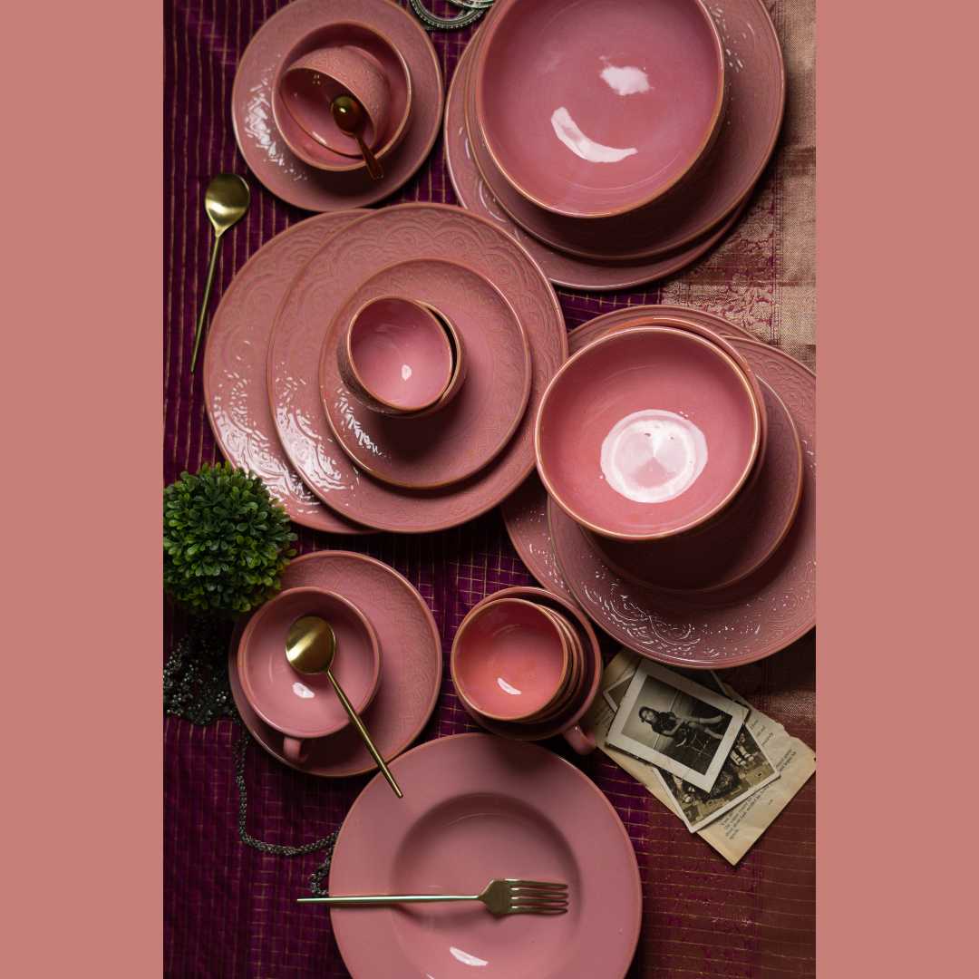 Vintage Pink Ceramic Dinner Set | Handmade Ceramic Dinner Set of 10 Pcs - Pink