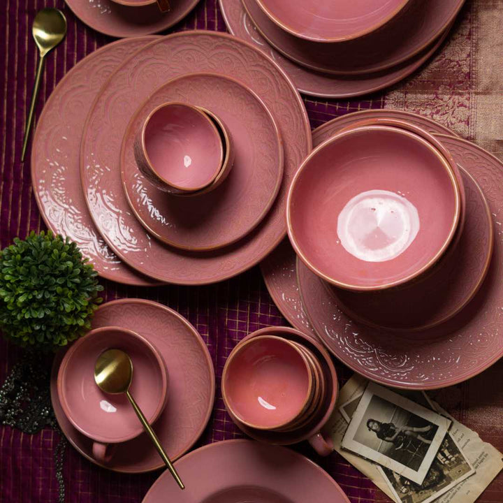 Vintage Pink Ceramic Dinner Set | Handmade Ceramic Dinner Set of 10 Pcs - Pink