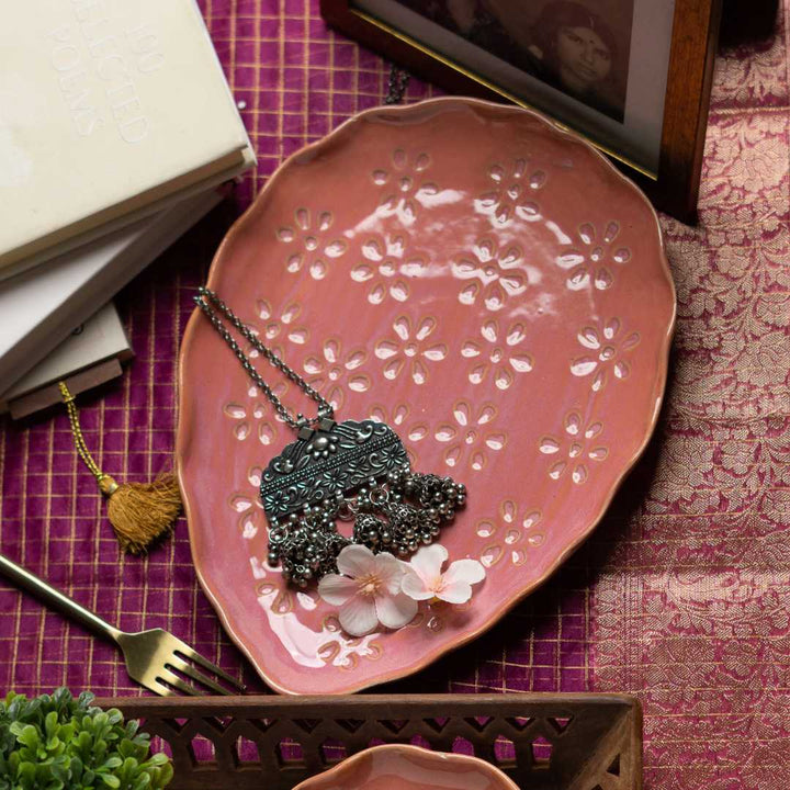 Handmade Ceramic Oval Serving Platter - Pink | Artistic Ceramic Oval Serving Platter - Pink
