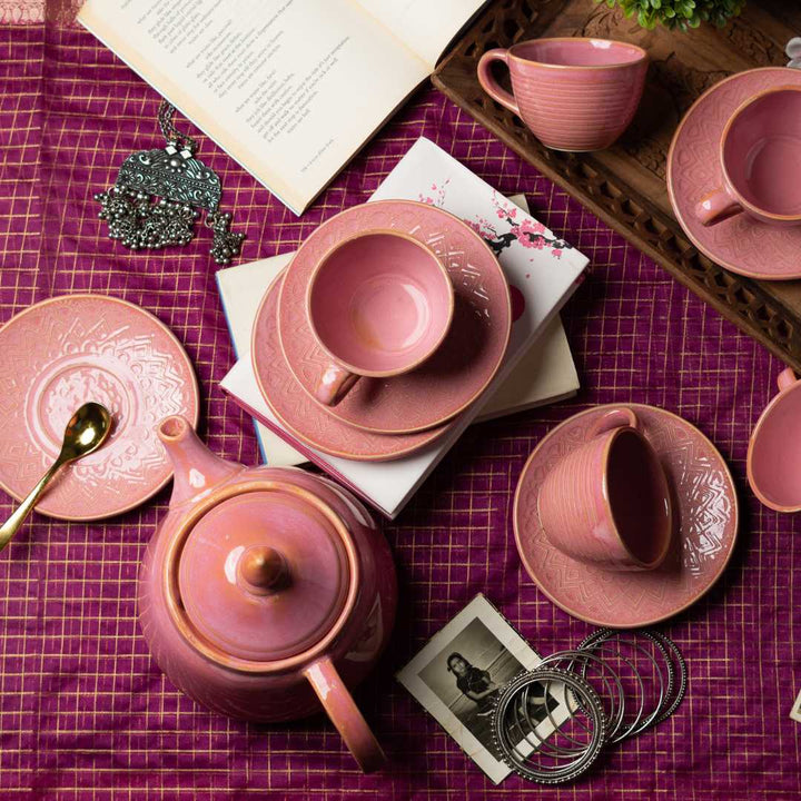 Handmade Pink Ceramic Tea Kettle | Premium Ceramic Tea Set 13pcs - Miami Pink