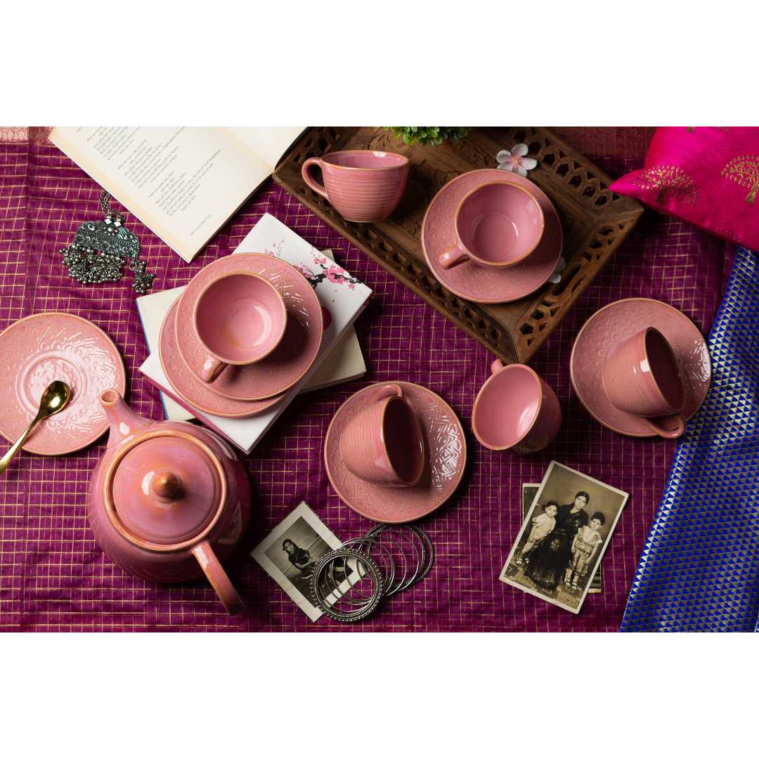 Handmade Pink Ceramic Tea Kettle | Premium Ceramic Tea Set 9 pcs - Miami Pink