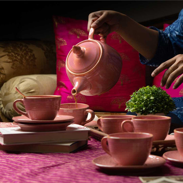 Handmade Pink Ceramic Tea Kettle | Premium Ceramic Tea Set 9 pcs - Miami Pink