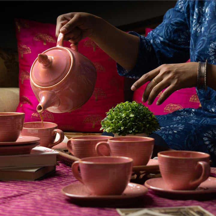 Handmade Pink Ceramic Tea Kettle | Premium Ceramic Tea Set 9 pcs - Miami Pink