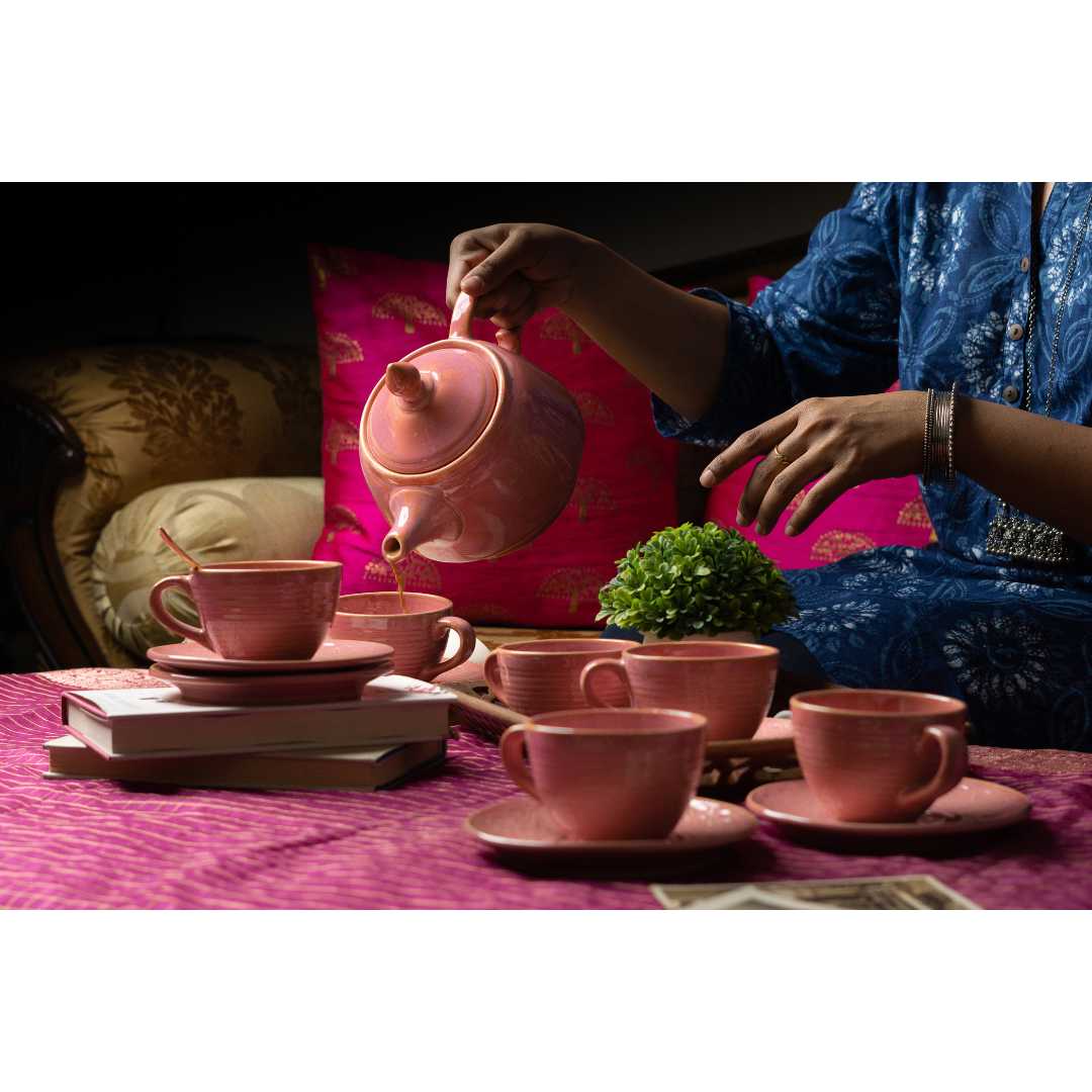 Handmade Pink Ceramic Tea Kettle | Premium Ceramic Tea Set of 5pcs - Miami Pink