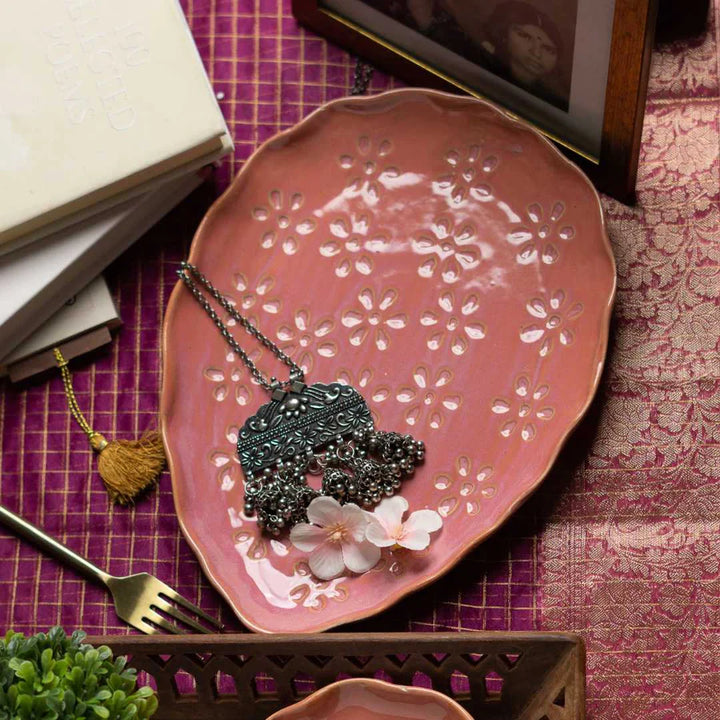 Handmade Pink Ceramic Oval Platter | Artistic Ceramic Large Oval Platter - Pink