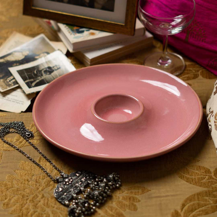 Handmade Pink Chip & Dip Set | Handmade Ceramic Chip & Dip Platter Set of 2 - Pink