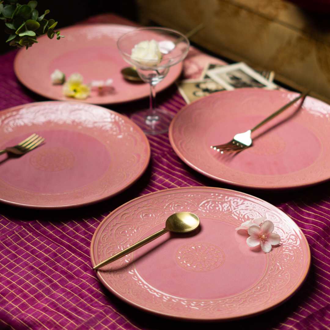 Vintage Pink Ceramic Dinner Plate Set | Handmade Exclusive Ceramic Dinner Plate Set - Pink