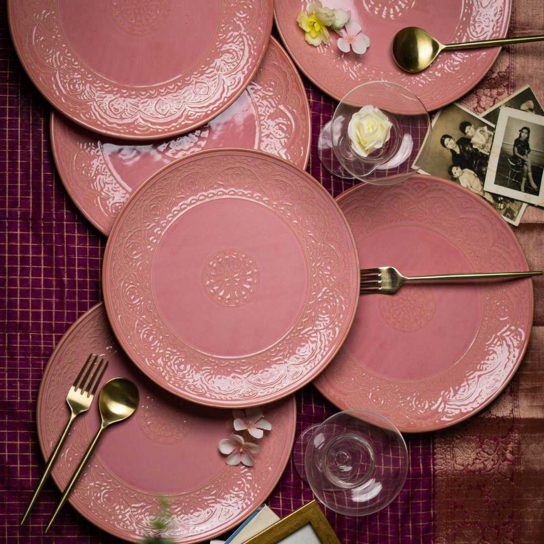 Vintage Pink Ceramic Dinner Plate Set | Handmade Exclusive Ceramic Dinner Plate Set - Pink