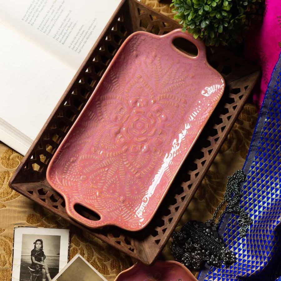 Handmade Pink Ceramic Serving Tray | Artistic Ceramic Medium Serving Tray - Pink