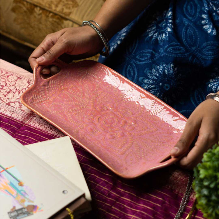 Handmade Pink Ceramic Serving Tray | Artistic Ceramic Medium Serving Tray - Pink
