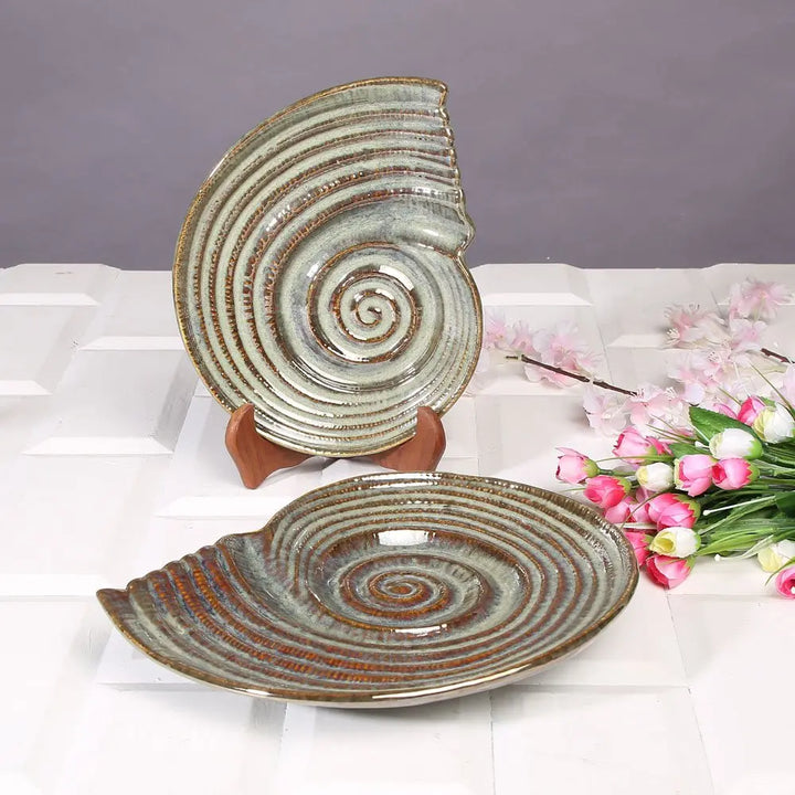 Ceramic Shell Platter Set | Artistic Ceramic Serving Shell Platter Set - Green