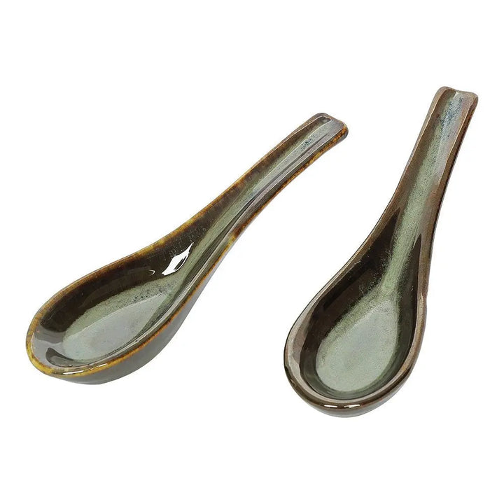 Ceramic Soup Spoons - Set of 2 | Handmade Ceramic Soup Spoon Set of 2 - Olive Green