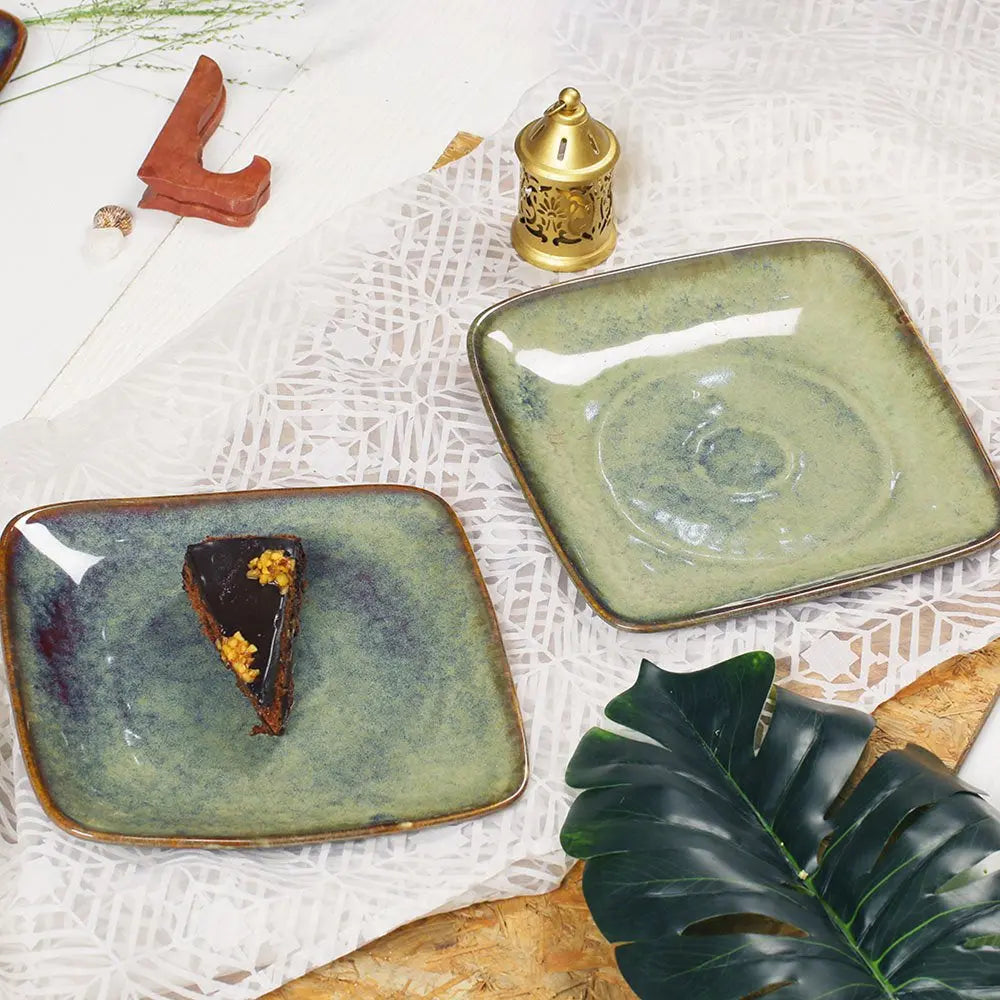 Green Ceramic Square Platter Set | Handmade Ceramic Square Serving Platter Set - Dark Olive Green
