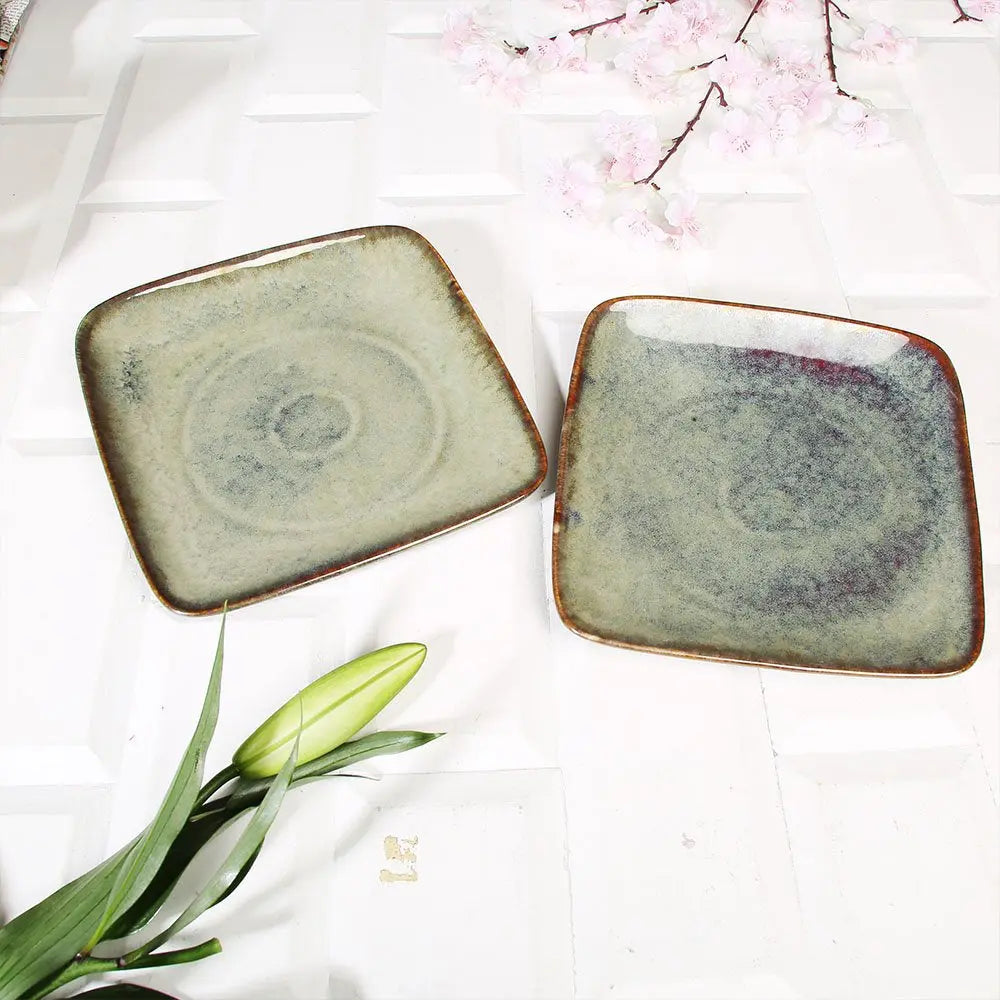 Green Ceramic Square Platter Set | Handmade Ceramic Square Serving Platter Set - Dark Olive Green