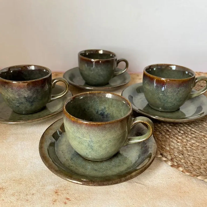 Green Ceramic Tea Cups & Saucers | Vintage Round Ceramic Tea Cups & Saucers