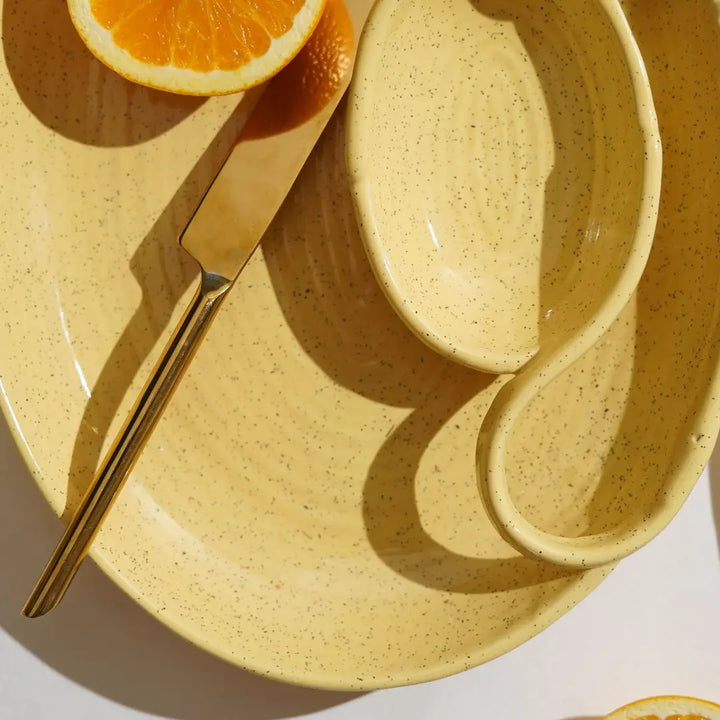 Handmade Ceramic Chip & Dip Platter Set | Handmade Ceramic Chip & Dip Platter Set of 2 - Yellow