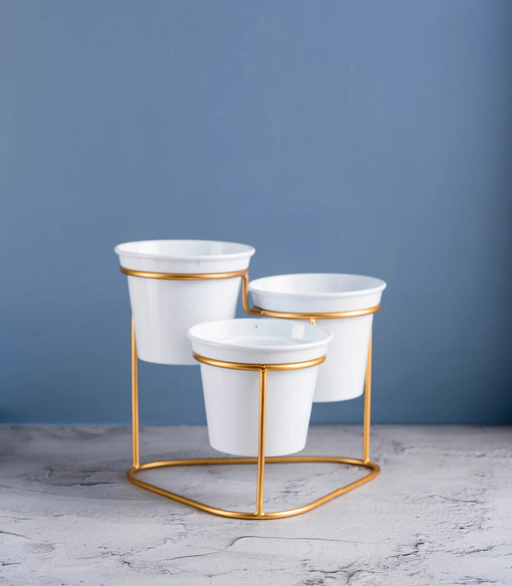 Metallic Gold Plant Stand with Planters | Metallic Gold Ottoman Metal Stand With 3 Planters