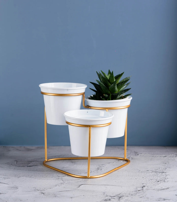 Metallic Gold Plant Stand with Planters | Metallic Gold Ottoman Metal Stand With 3 Planters