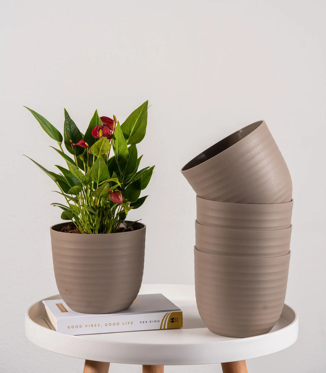 Wave Fiber Planters with Matte Finish | Mocha Wave Fiber Planters with Matte Finish