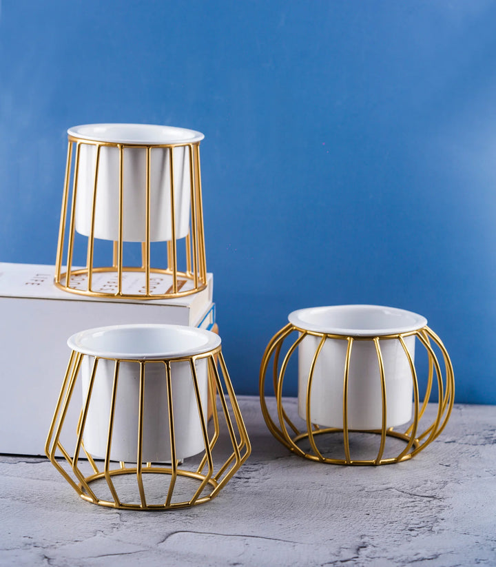 Metallic Gold Planters - Pack of 3 | Metallic Gold Ottoman Metal Stands With Planters - Pack of 3