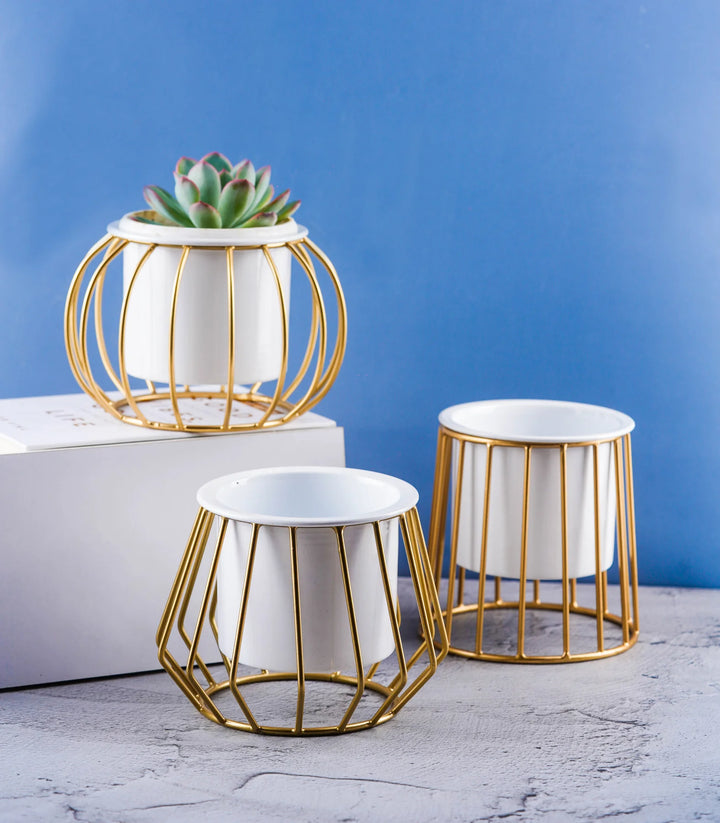 Metallic Gold Planters - Pack of 3 | Metallic Gold Ottoman Metal Stands With Planters - Pack of 3