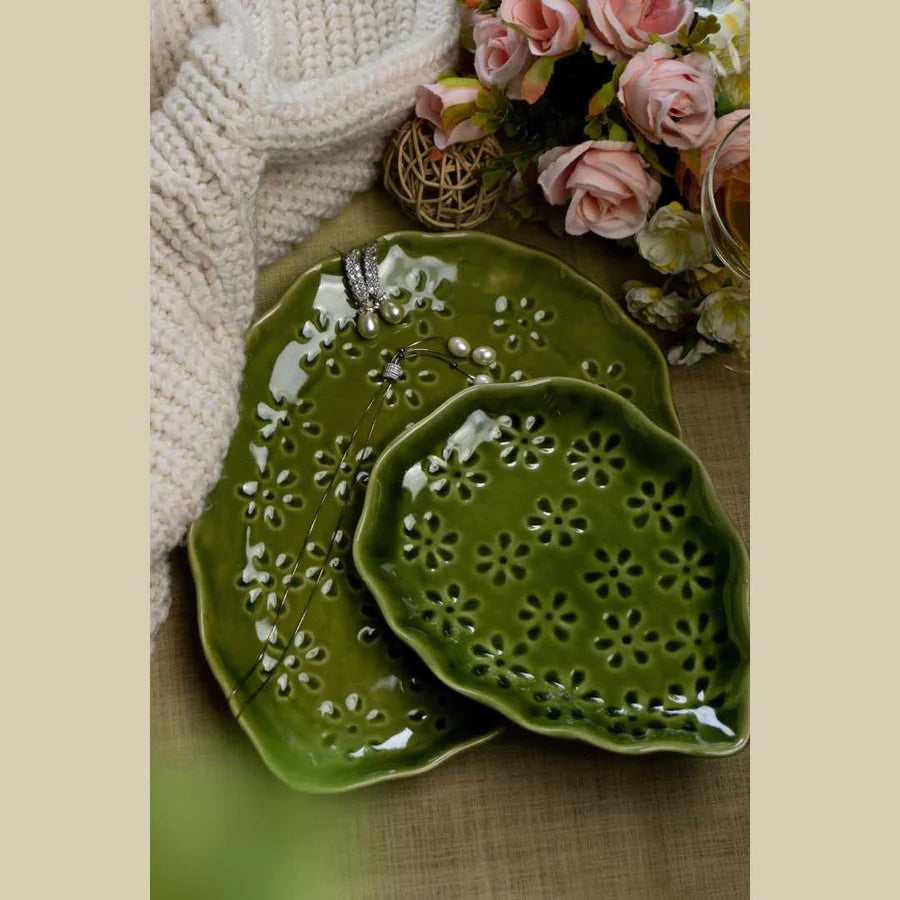 Olive Green Ceramic Oval Platter Set | Artistic Ceramic Oval Platter Set of 2 - Olive Green