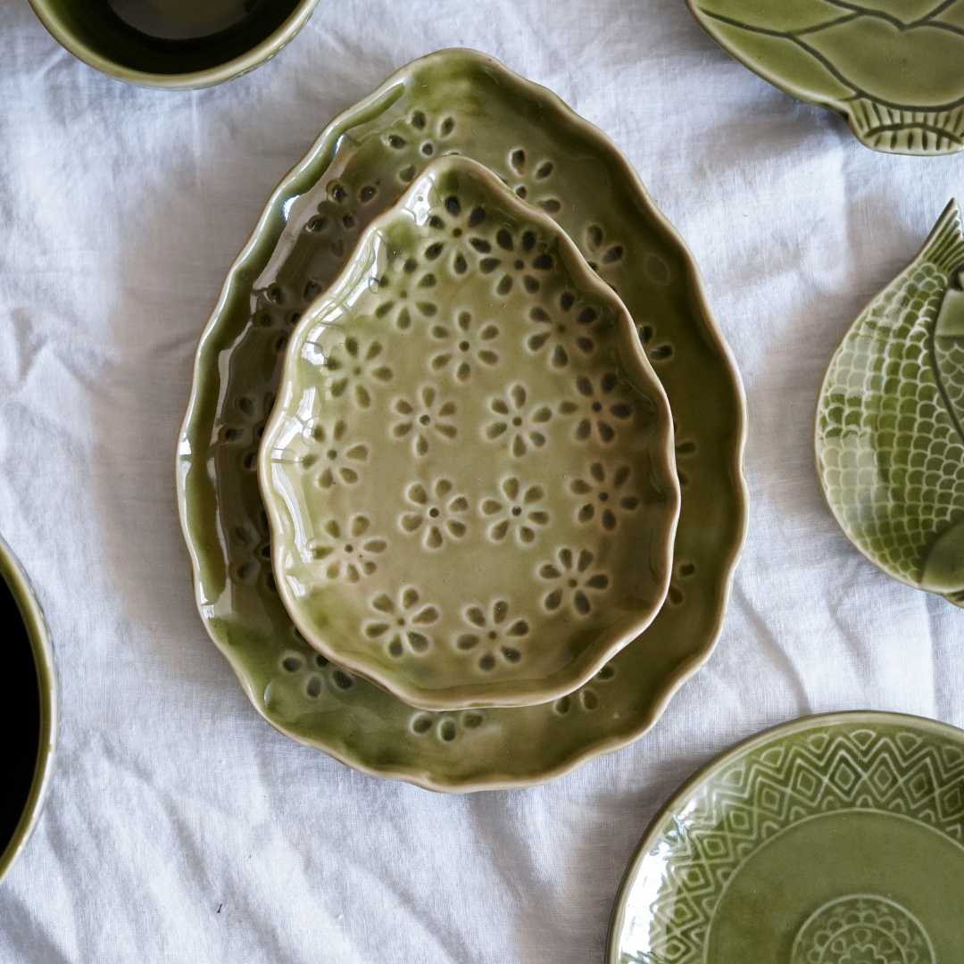 Olive Green Ceramic Oval Platter Set | Artistic Ceramic Oval Platter Set of 2 - Olive Green