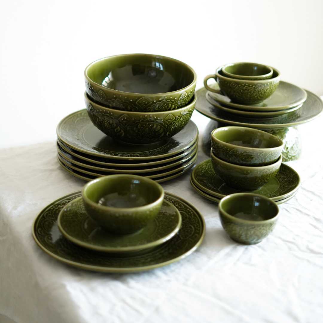 Olive Green Ceramic Dinner Set | Handmade Ceramic Dinner Set of 12 Pcs - Olive Green