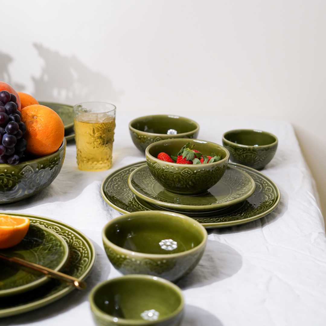 Olive Green Ceramic Dinner Set | Handmade Ceramic Dinner Set of 12 Pcs - Olive Green