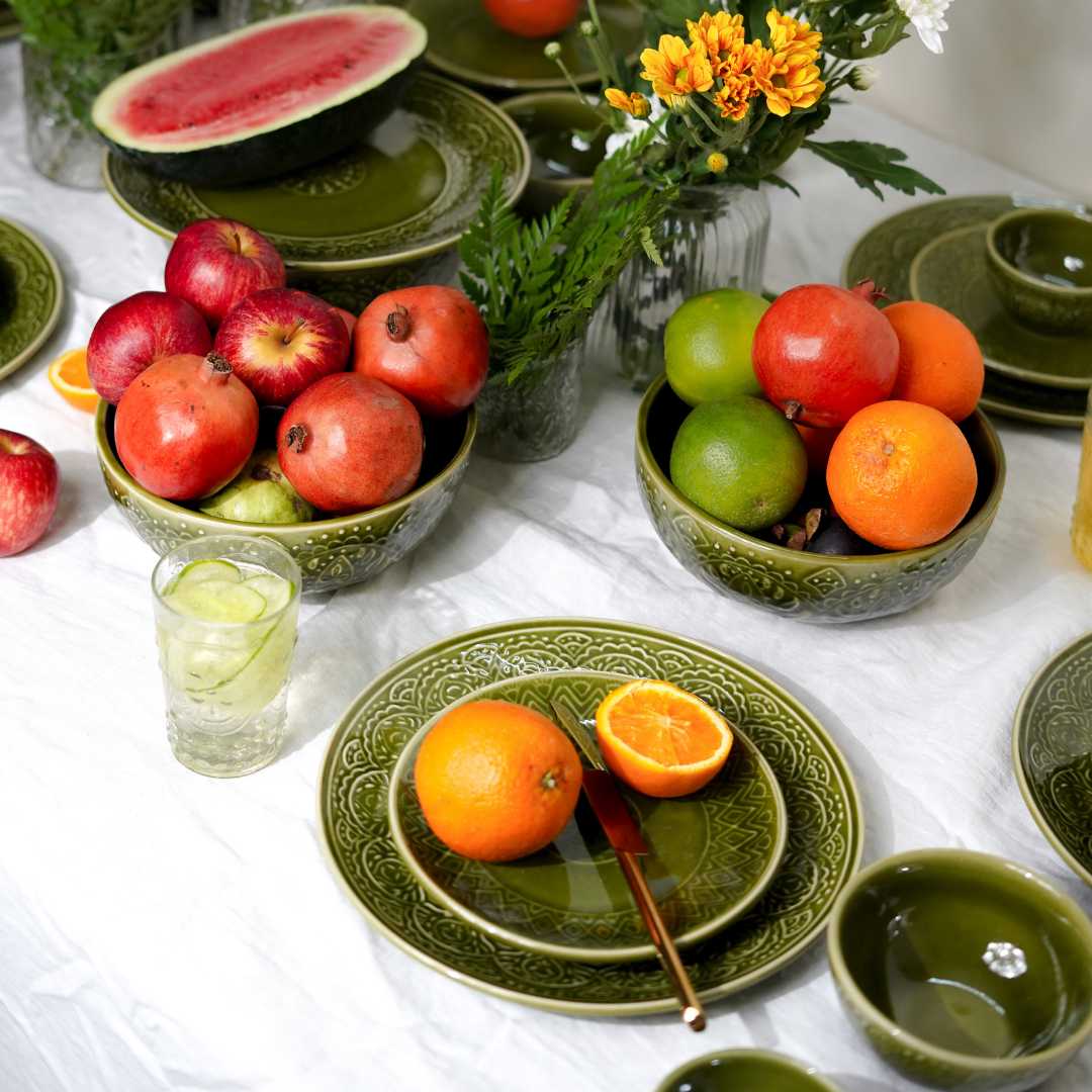 Olive Green Ceramic Dinner Set | Handmade Ceramic Dinner Set of 12 Pcs - Olive Green