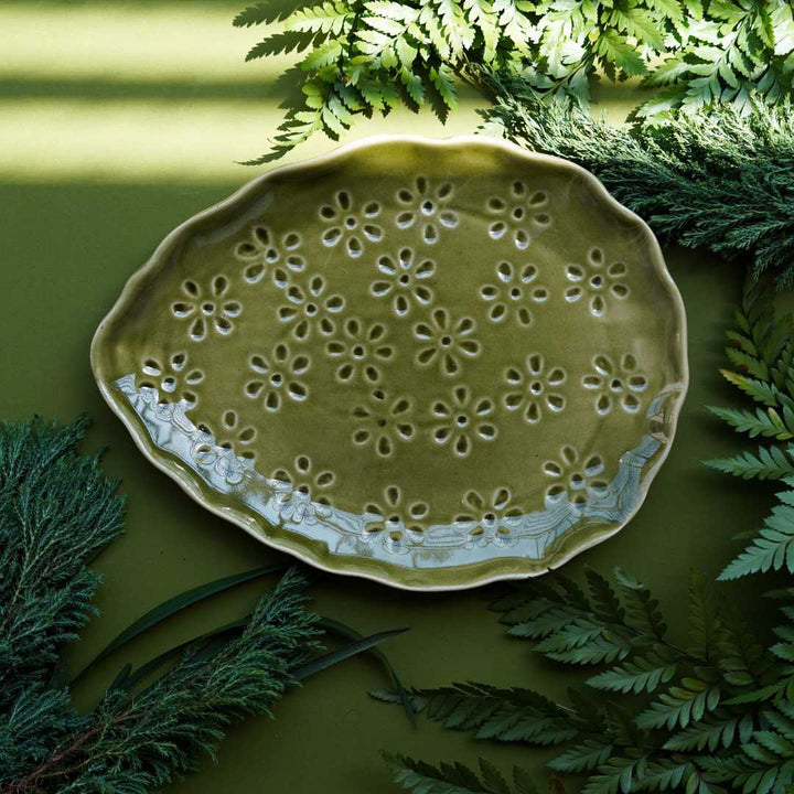 Olive Green Ceramic Platter - 11 Size | Artistic Ceramic Large Oval Platter - Olive Green