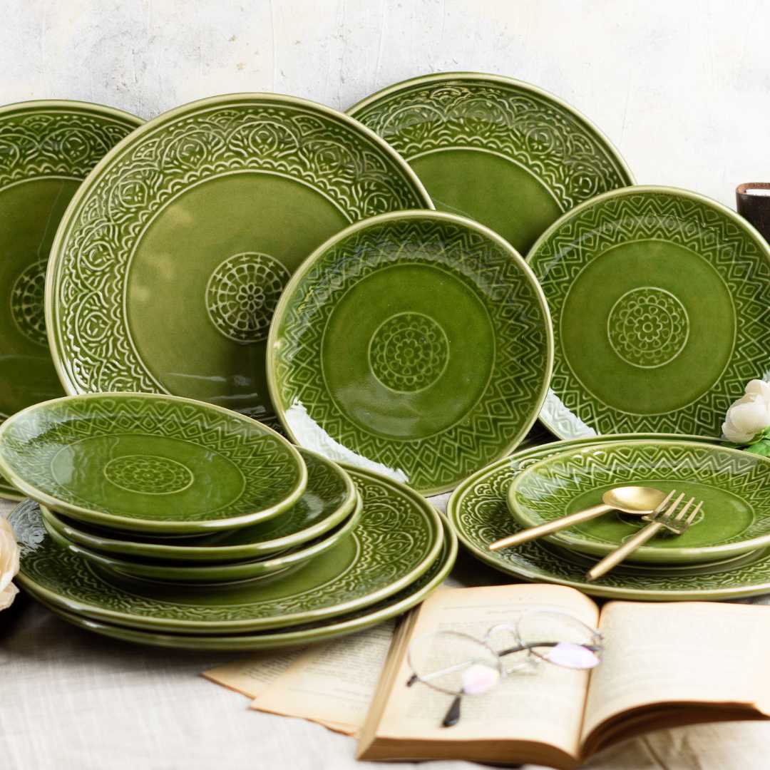 Olive Green Ceramic Dinner Plate Set - Eco-Friendly and Microwave Safe | Handmade Ceramic Dinner Plate Set - Olive Green