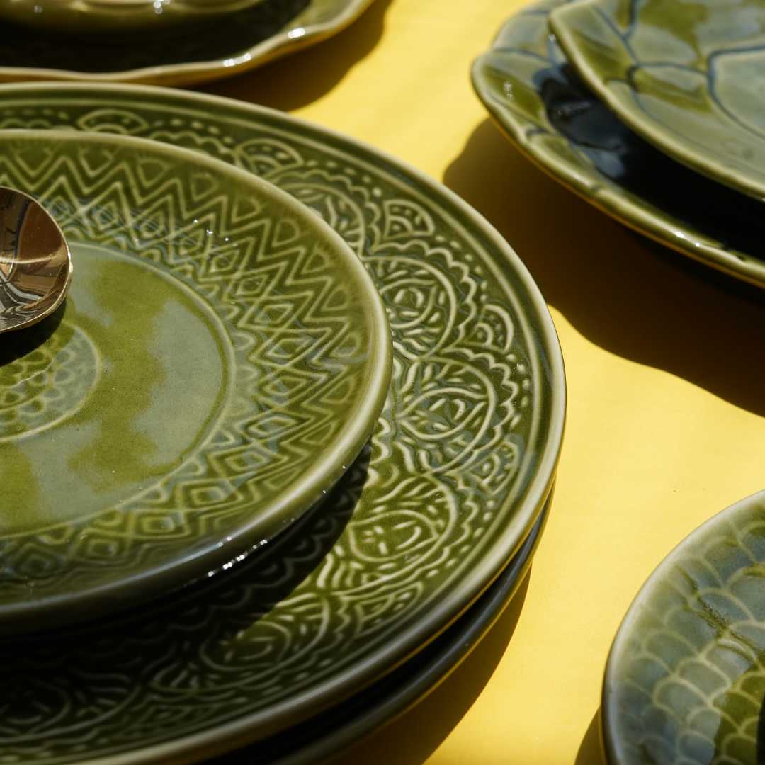 Olive Green Ceramic Dinner Plate Set - Eco-Friendly and Microwave Safe | Handmade Ceramic Dinner Plate Set - Olive Green