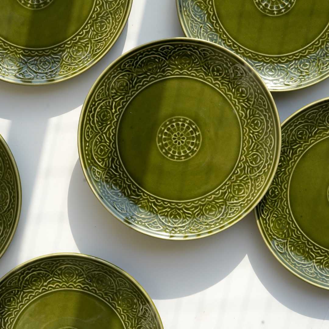 Olive Green Ceramic Dinner Plate Set - Eco-Friendly and Microwave Safe | Handmade Ceramic Dinner Plate Set - Olive Green