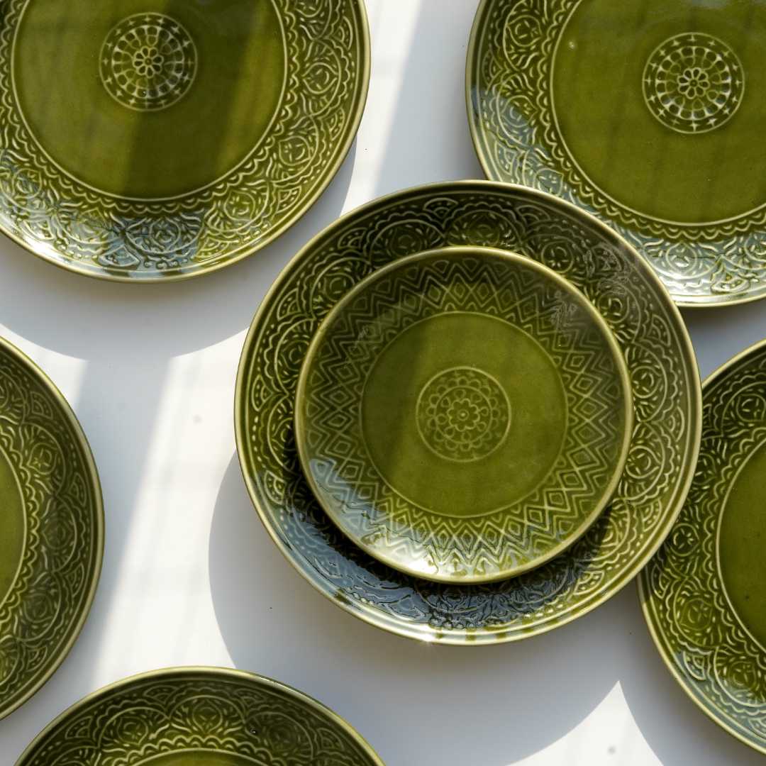 Olive Green Ceramic Dinner Plate Set - Eco-Friendly and Microwave Safe | Handmade Ceramic Dinner Plate Set - Olive Green