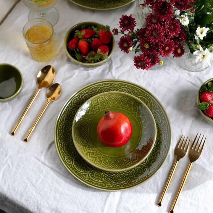 Olive Green Mandala Ceramic Dinner Set | Handmade Ceramic Dinner Set of 8 Pcs - Olive Green