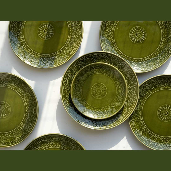 Handmade Ceramic Quarter Plate Set - 7 Diameter | Handmade Ceramic Quarter Plate Set - Olive Green