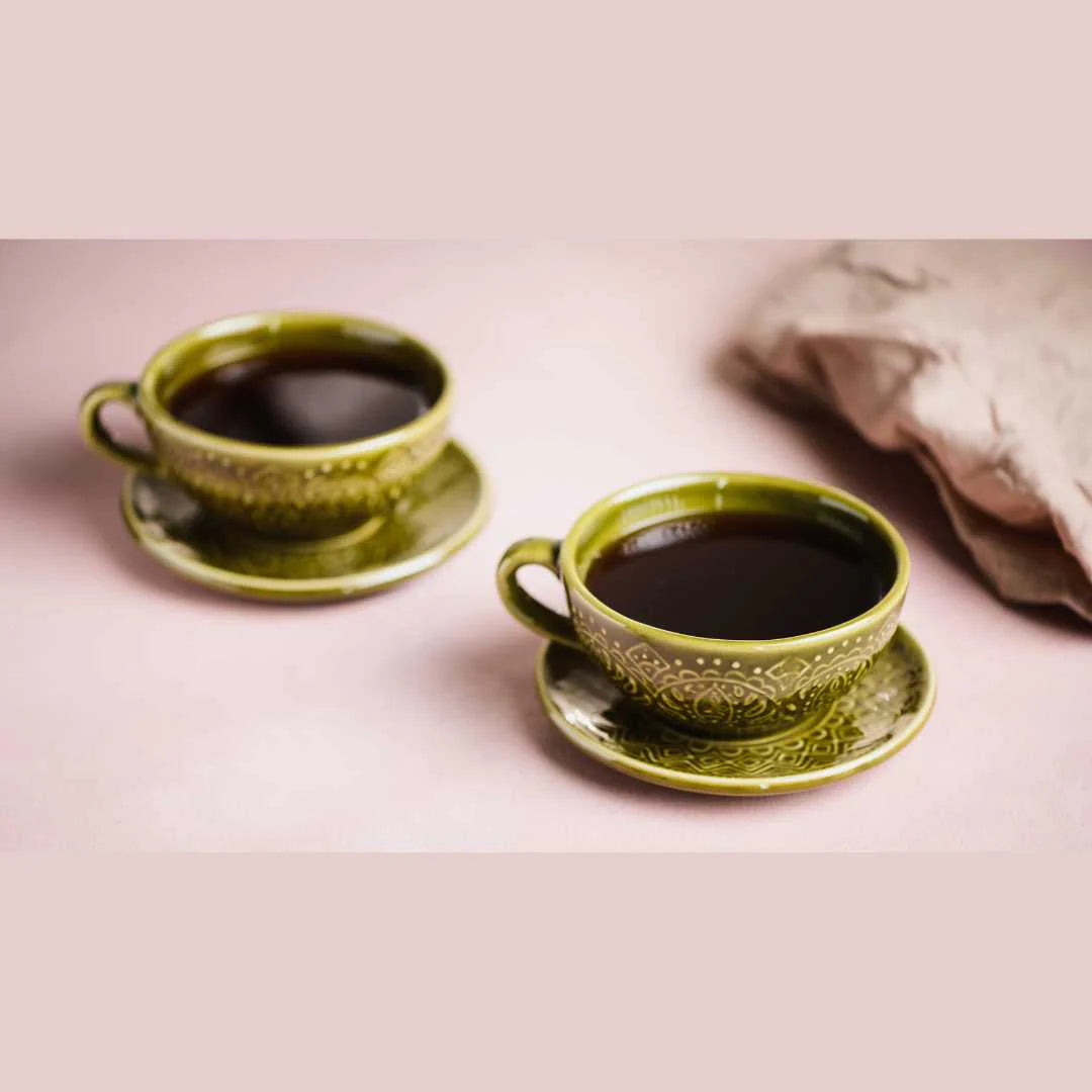 Olive Green Ceramic Coffee Cup & Saucers | Premium Ceramic Coffee Cup & Saucers - Olive Green