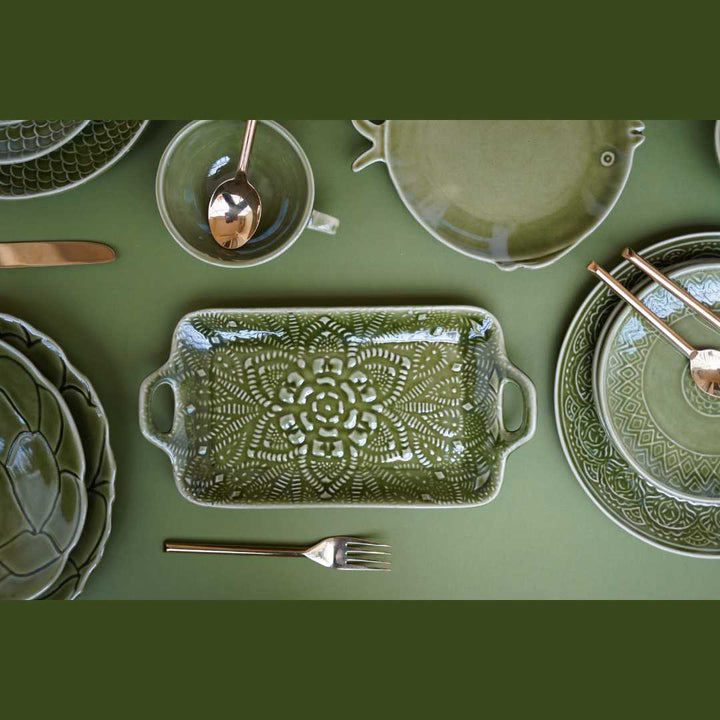 Olive Green Ceramic Serving Tray | Artistic Ceramic Medium Serving Tray - Olive Green